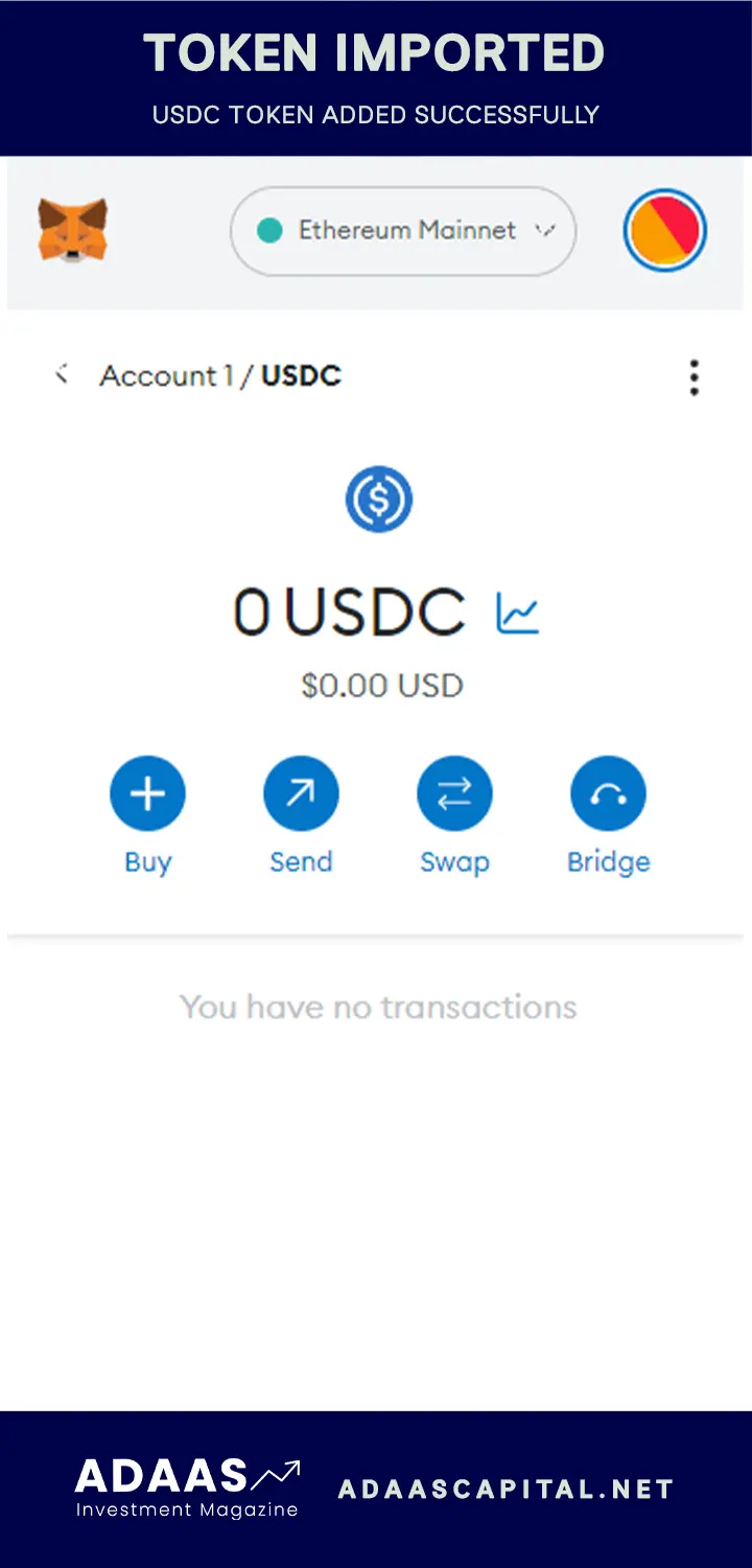 Ethereum based usdc token imported successfully