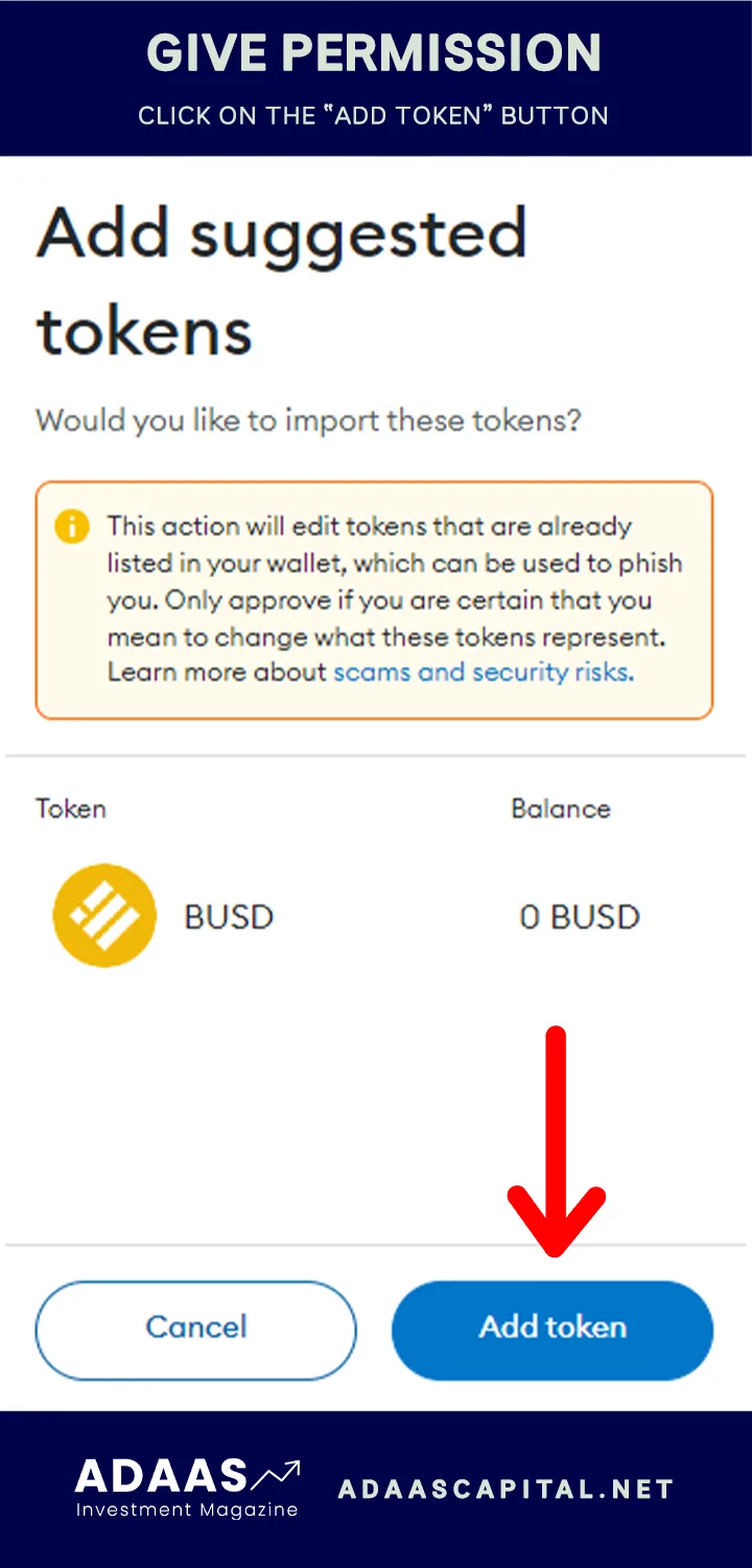 adding busd to metamask wallet - add token permission