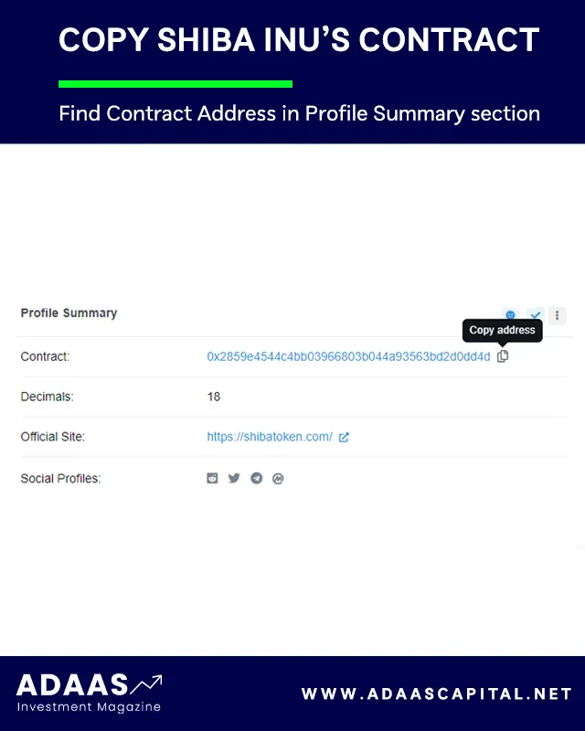 copy shiba inu contract address in bsc scan website