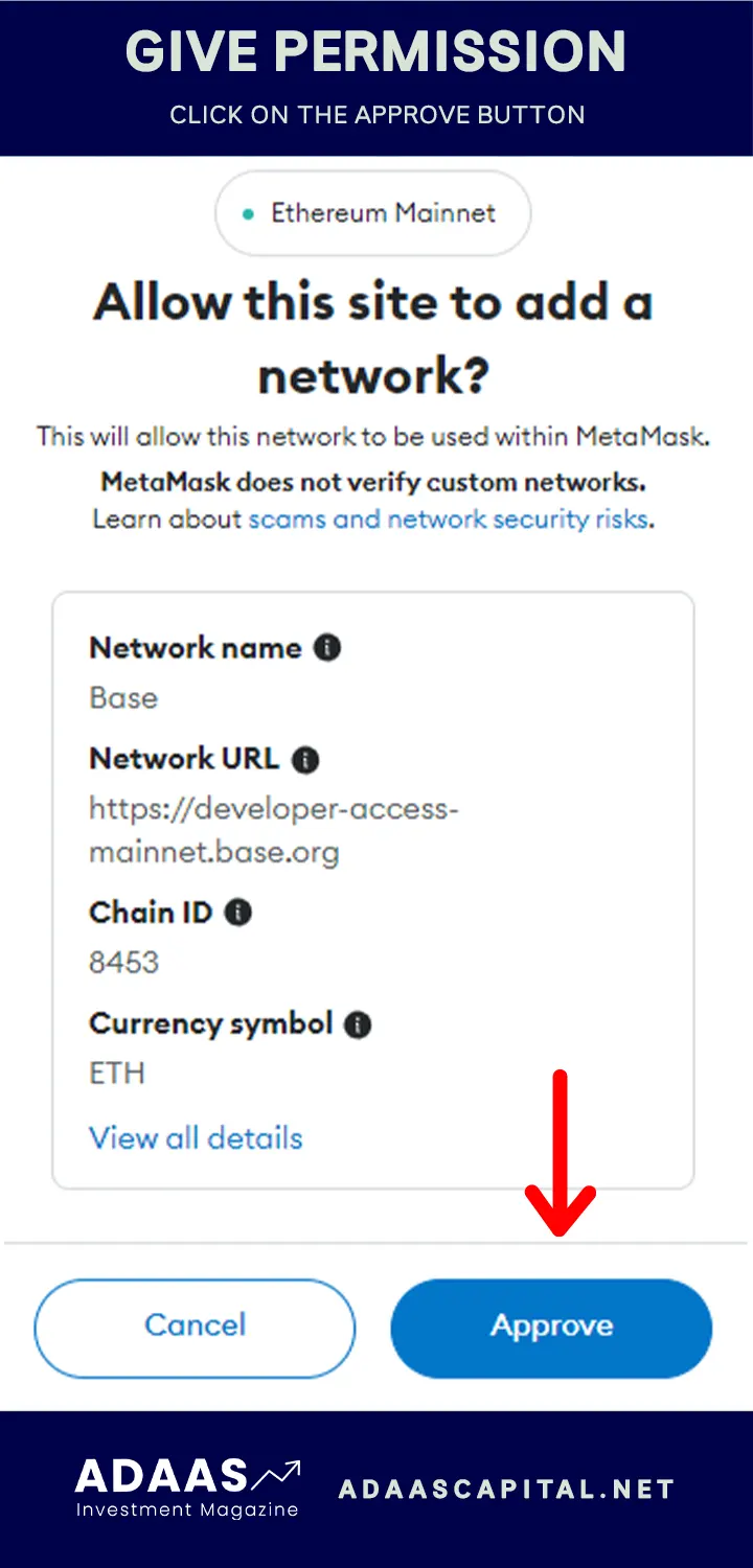 allow chainlist to add base network to your metamask wallet
