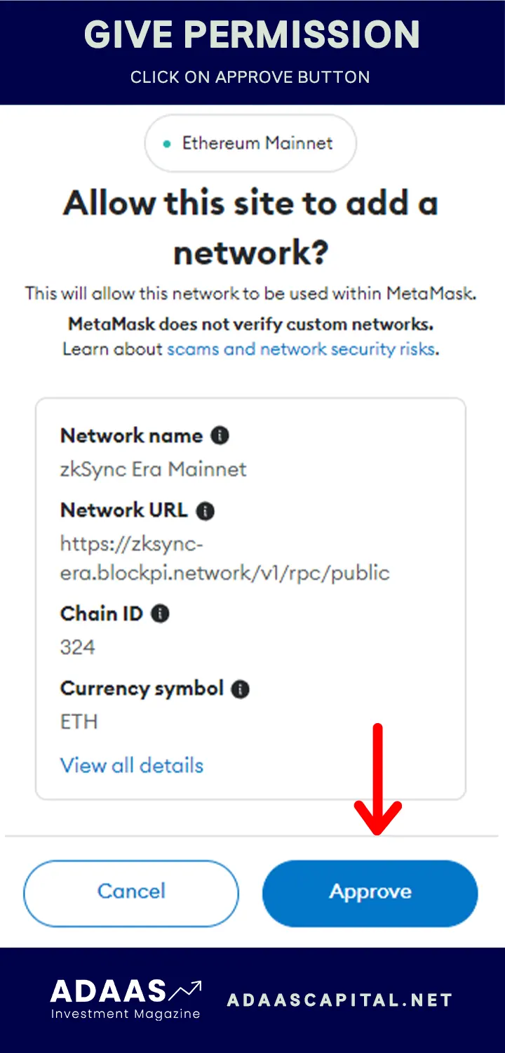 allow chainlist to add zksync network to your metamask