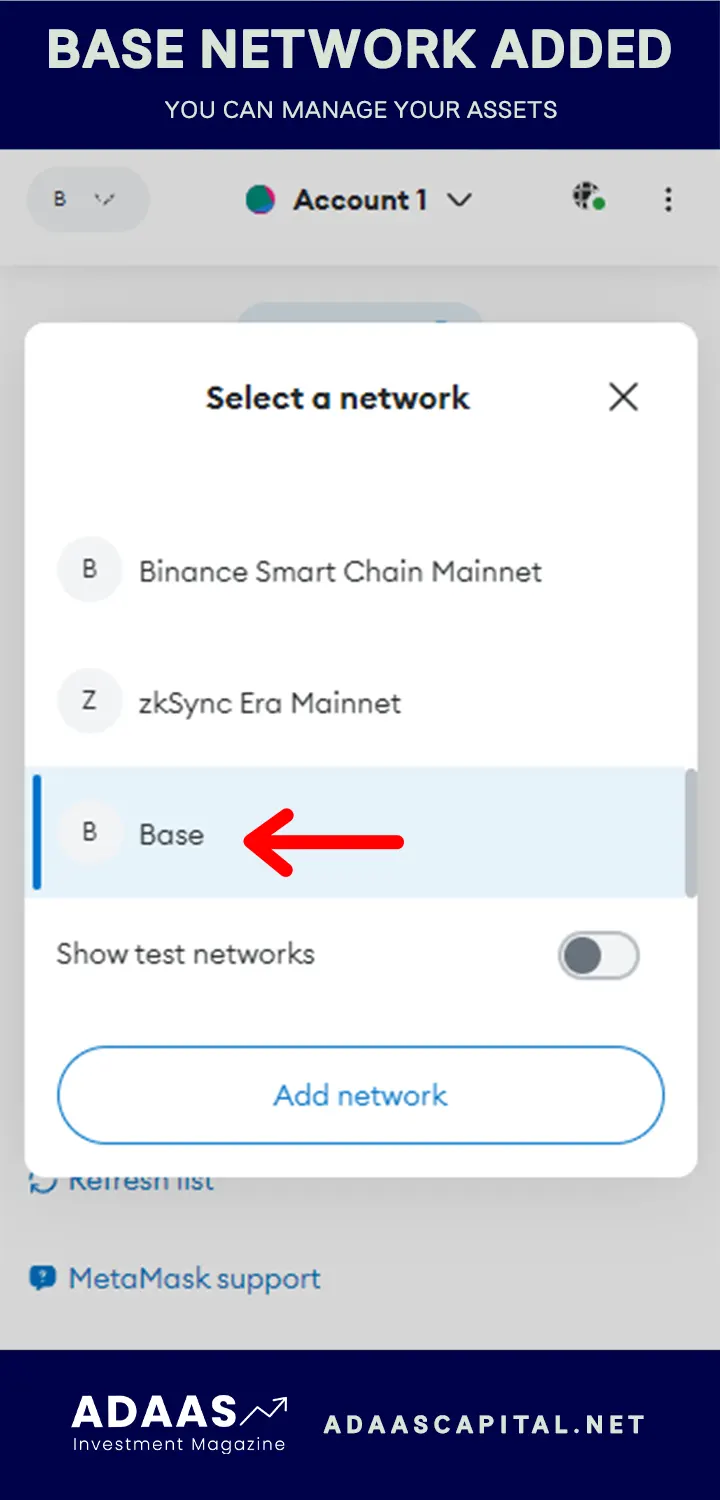 base network added to the metamask wallet