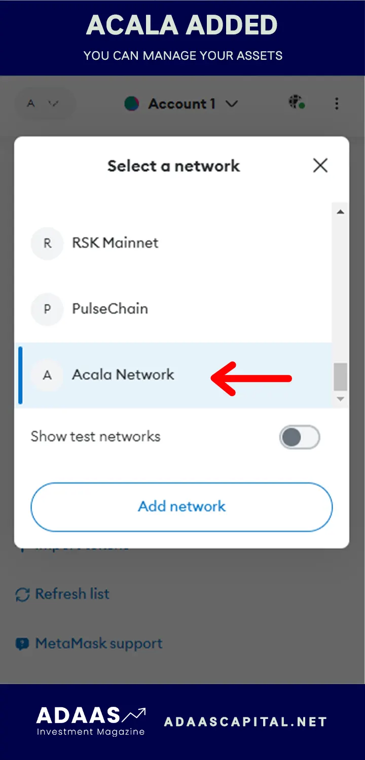 Acala network added to metamask