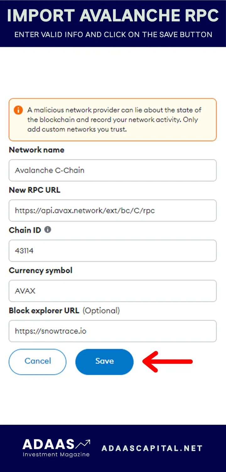 import avalanche rpc to metamask wallet