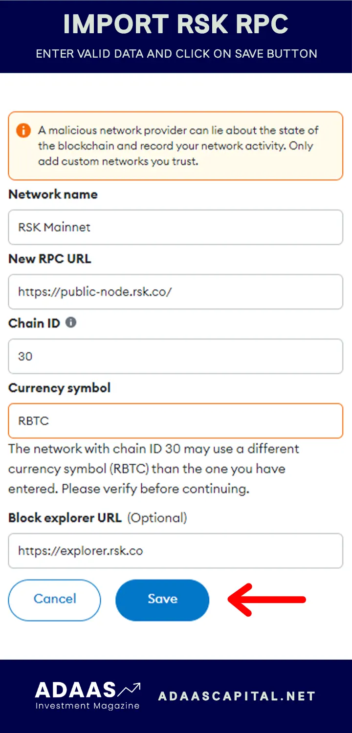import rsk chain rpc to metamask wallet
